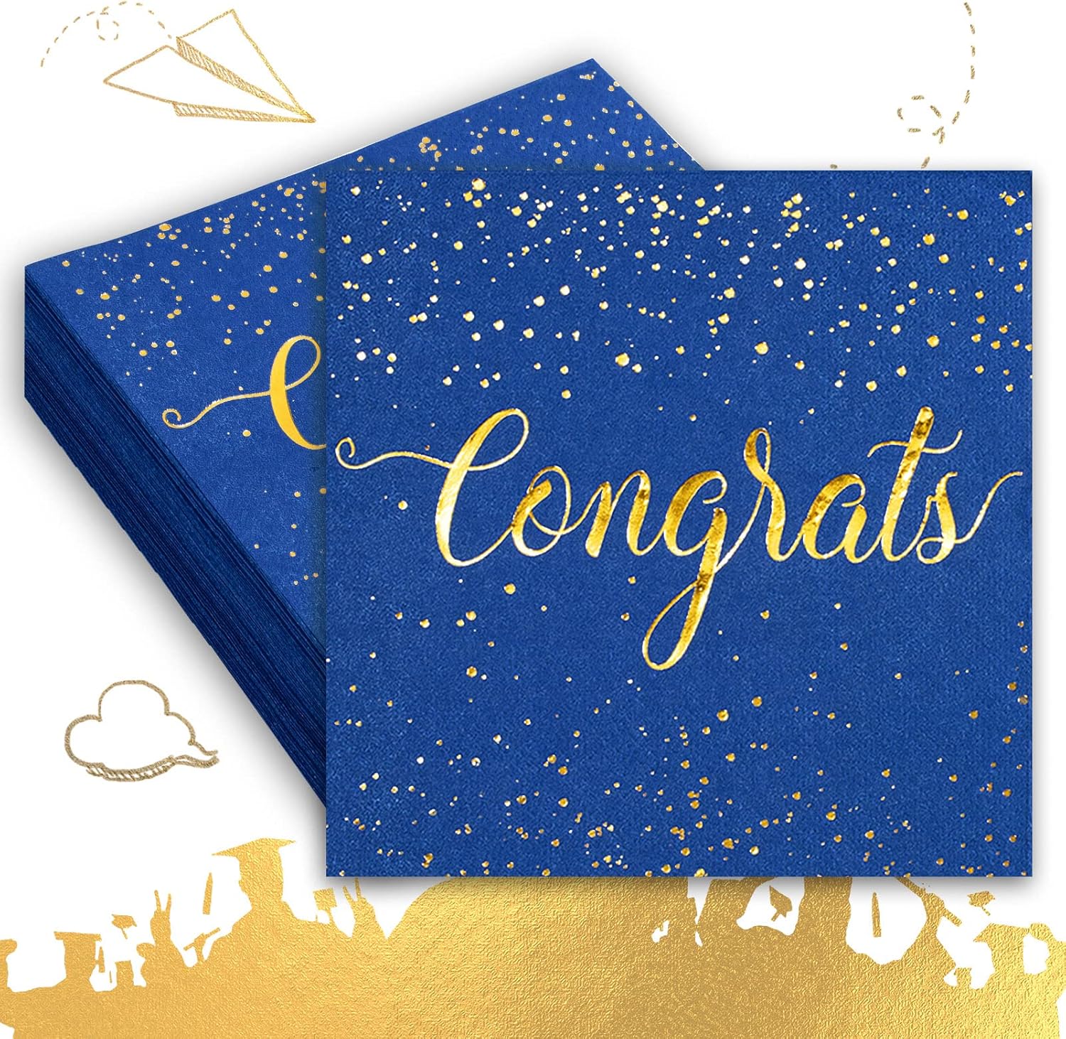 Whaline Graduation Cocktail Napkins - 80 Pack Blue & Gold Foil Congrats Design | Disposable Party Decor