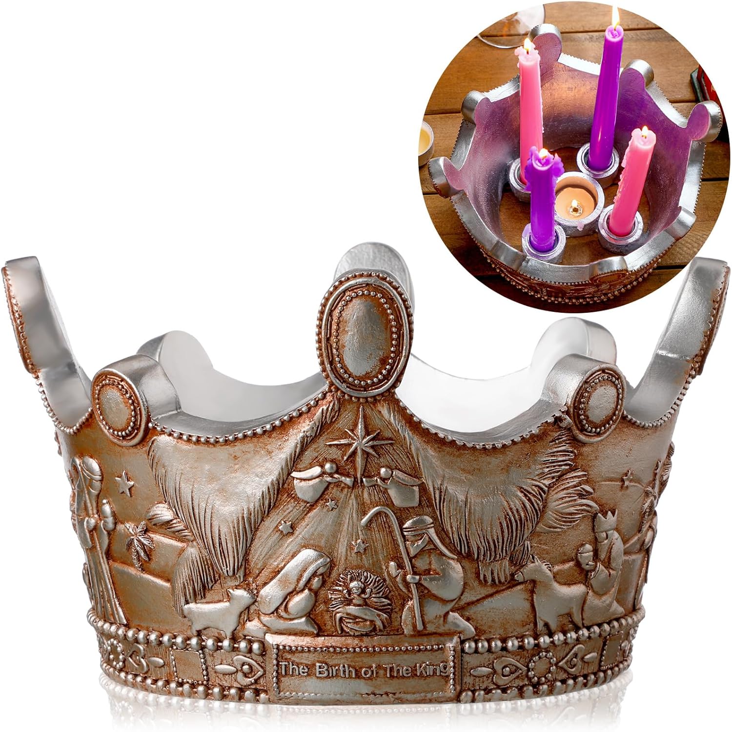 Nativity Advent Candle Holder - 9.4 Inch Resin Christmas Wreath Centerpiece | Holy Family Design