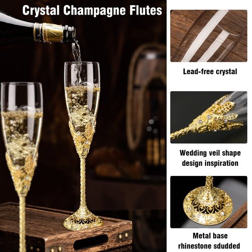 Jozen Gift Champagne Flutes-Set of 2 Champagne glasses, Crystal Glasses&Metal Base, Toasting Flute Pair, Wedding Anniversary, Party,Birthday,Banquets,Gifts for Bride and Groom 6 oz-Gold