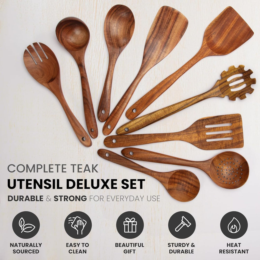 Zulay Kitchen 9-Piece Teak Wooden Utensil Set - Premium Non-Stick Cooking Tools in Gift Box | Comfortable Grip