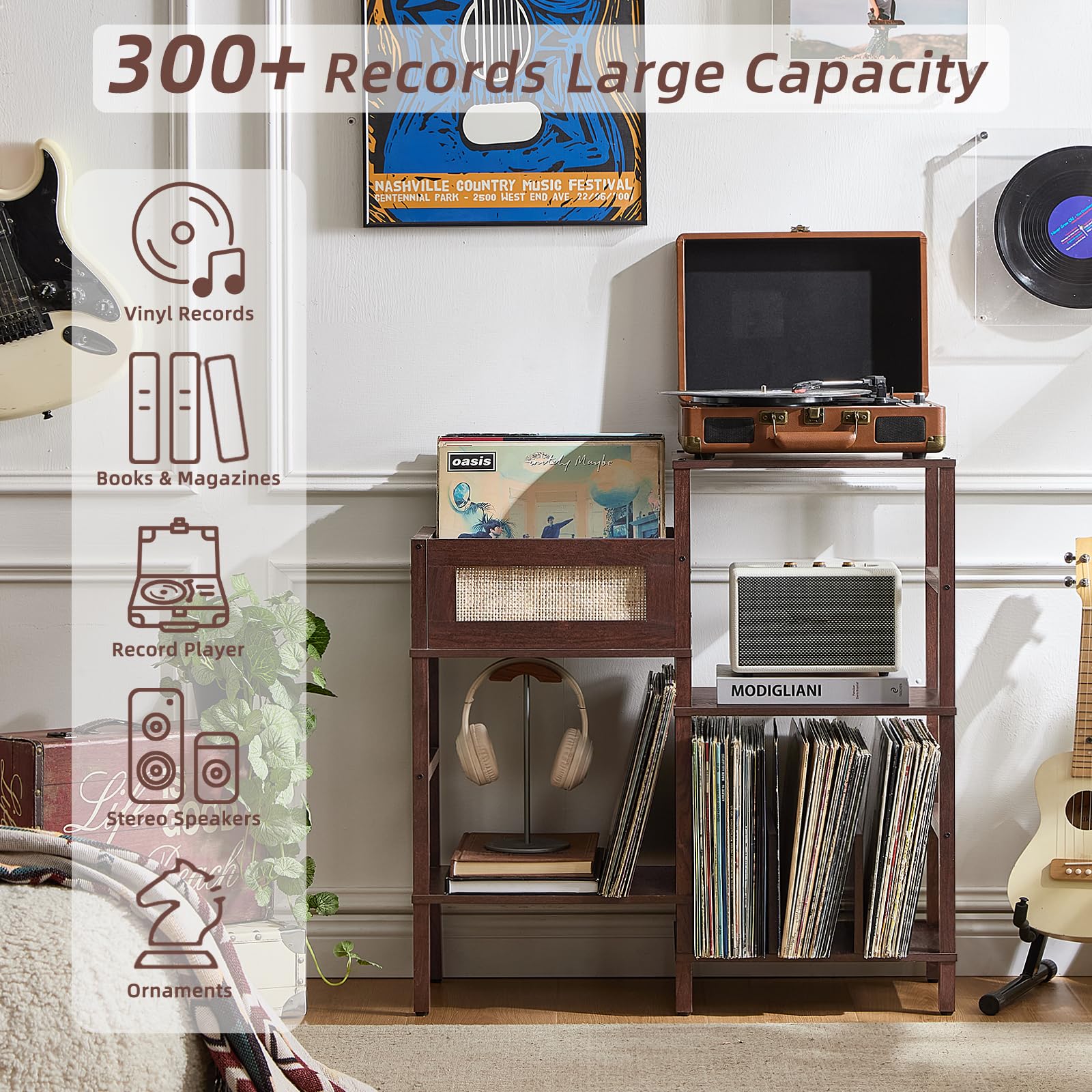 LELELINKY Record Player Stand, Vintage Walnut Wood Record Holder with Vinyl Storage Holds up to 300+ Albums, 3-Tier Rattan Media Table with Vinyl Display Shelf, Record Storage Cabinet for Living Room