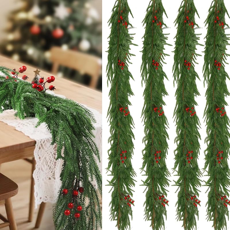 4 Pcs 6 ft Artificial Norfolk Pine Garland with Red Berries - Realistic Greenery Xmas Garlands for Mantle, Staircase, Fireplace (Variation of THIS listing: 4)