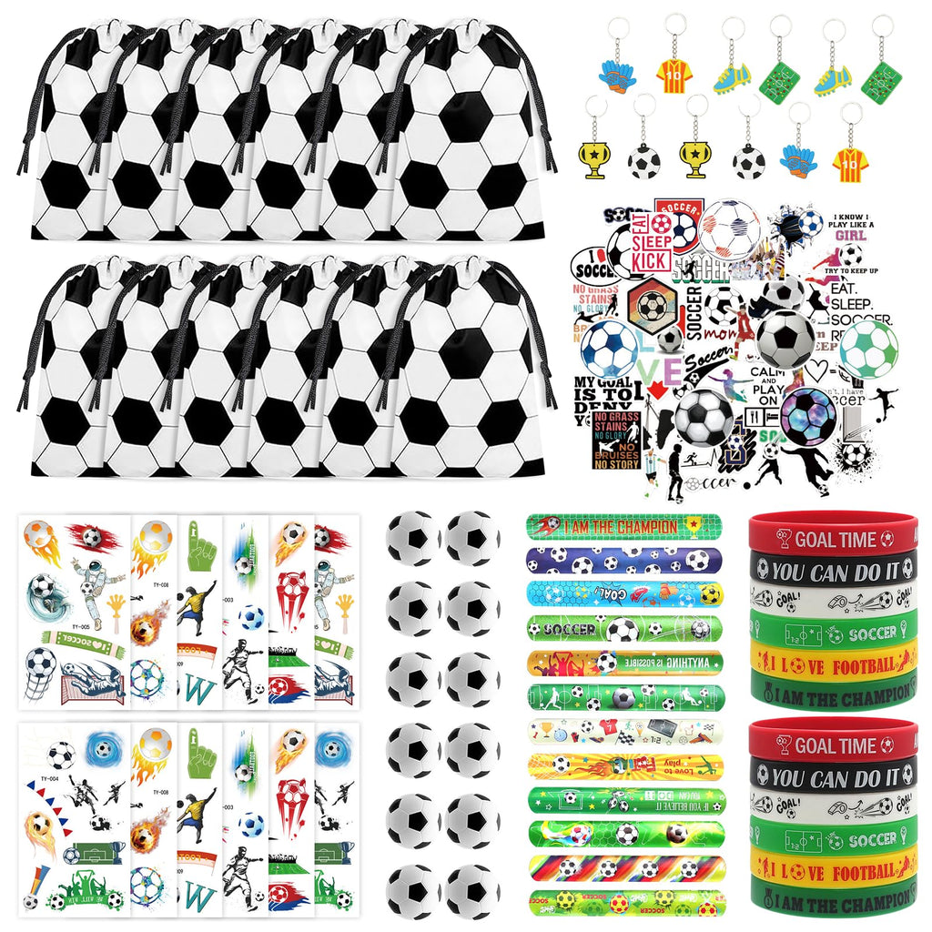 LaJasya 122 Pcs Soccer Party Favors Drawstring Bags Soccer Goodie Bag with Mini Ball, Wristband, Slap bracelets, Keychains, Stickers,Tattoo Stickers for Soccer Themed Party Supplies