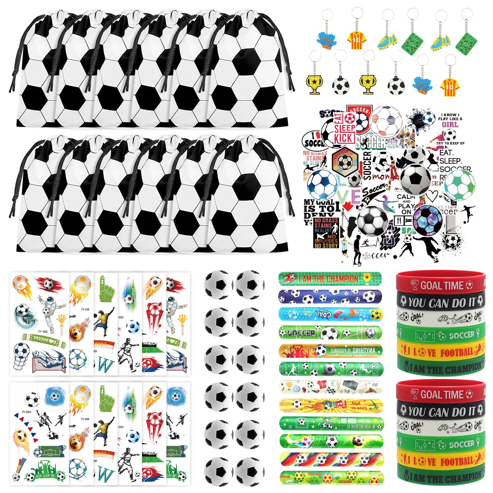 LaJasya 122 Pcs Soccer Party Favors Drawstring Bags Soccer Goodie Bag with Mini Ball, Wristband, Slap bracelets, Keychains, Stickers,Tattoo Stickers for Soccer Themed Party Supplies