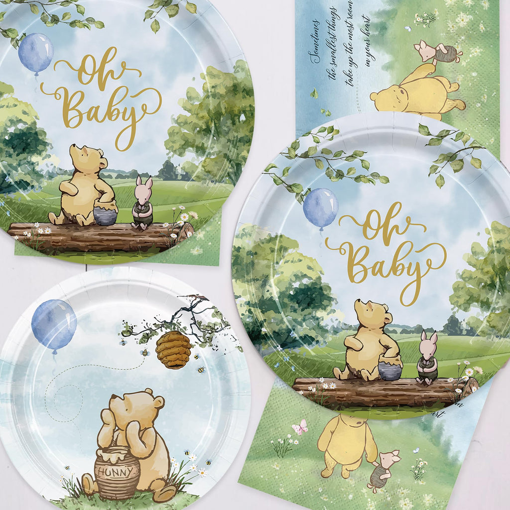 150pcs Bear Baby Shower Decorations Include Plates Napkins for Baby Shower Deco Paper Disposable Tableware Set for Kids Boys Serves 50 People