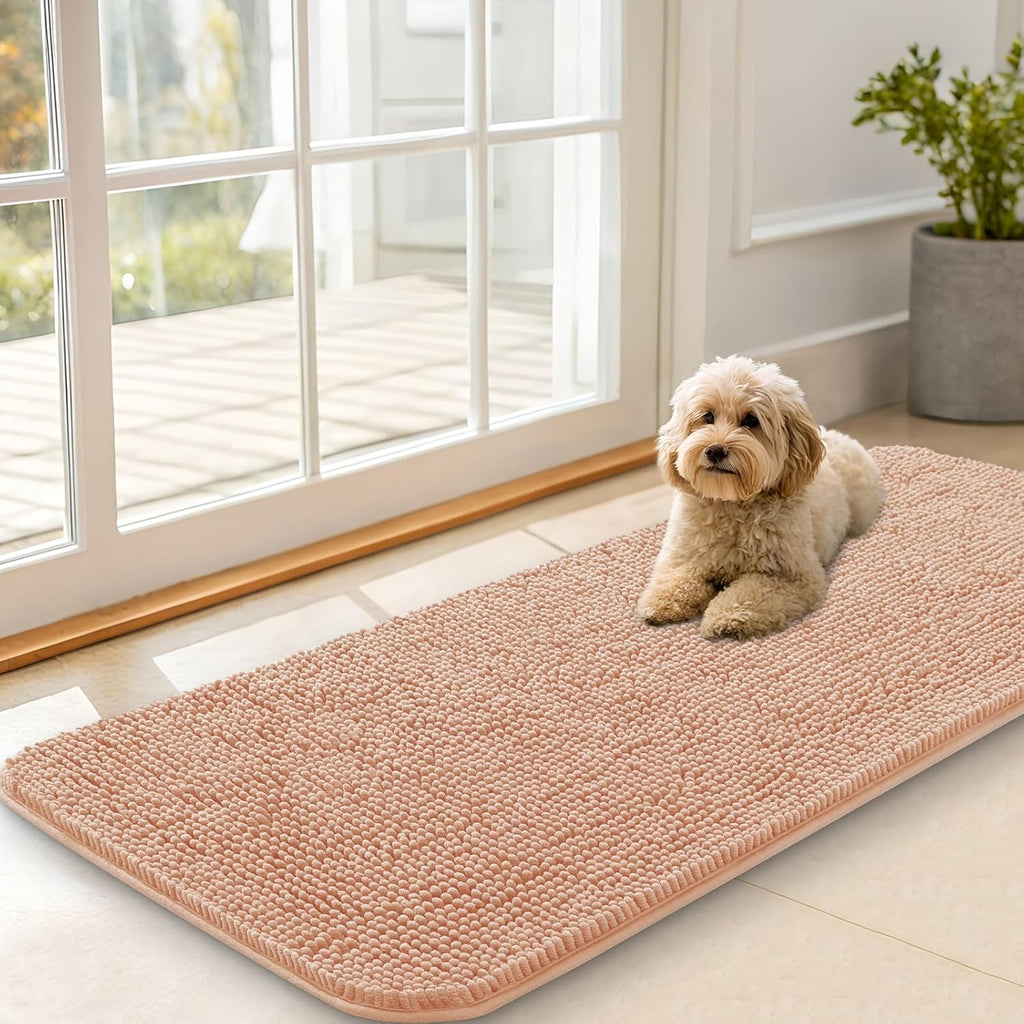 OLANLY Dog Door Mat - Absorbent Non-Slip Chenille Mat for Muddy Paws | 47x20 Inches, Quick Dry, Peach