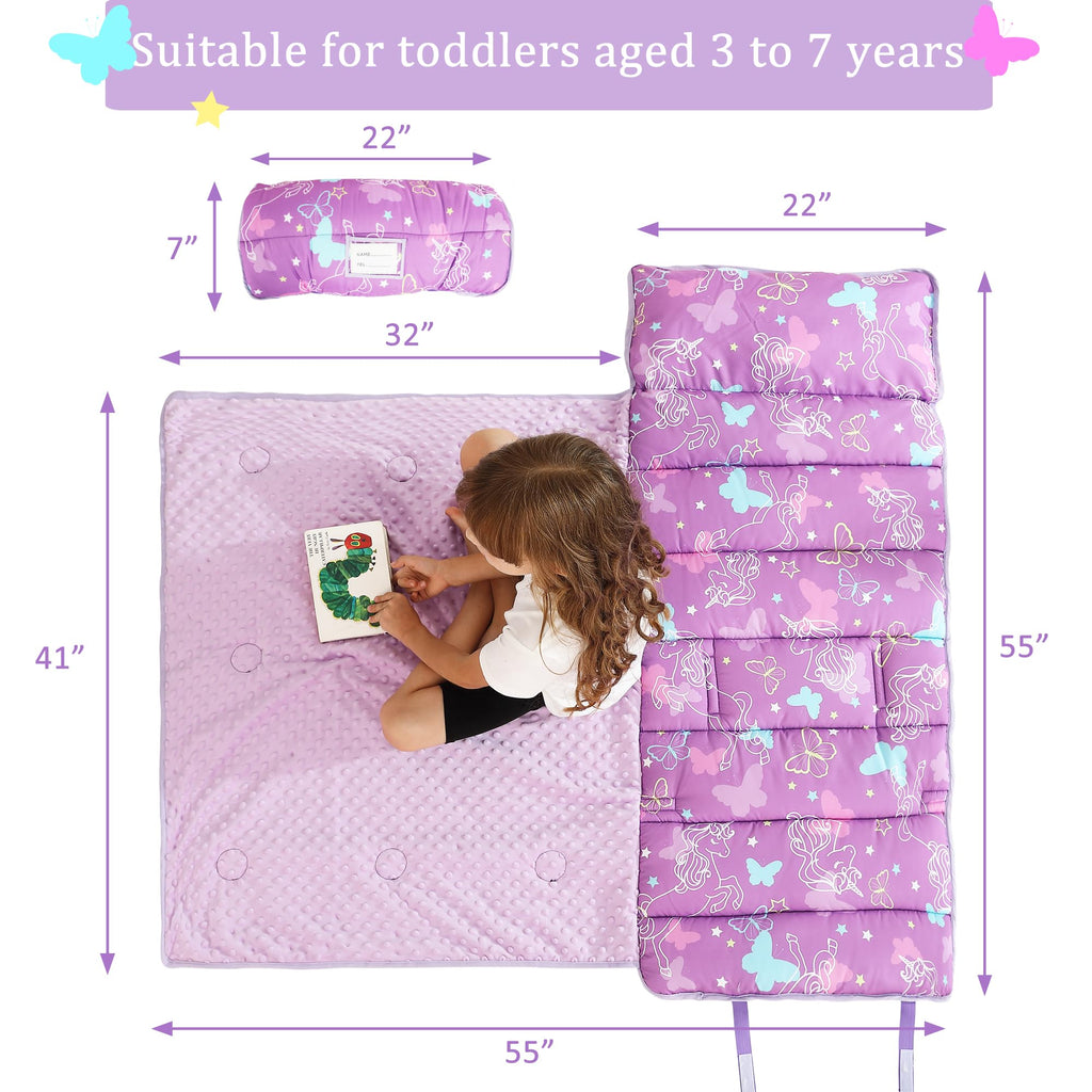 Toddler Nap Mat for Preschool 50''x30'' Sleeping Mat with Removable Pillow and Minky Blanket for Kids Ages 3-7 Roll Up Soft Sleeping Bag for Boys Girls Kindergarten Daycare Sleepover - Purple Unicorn