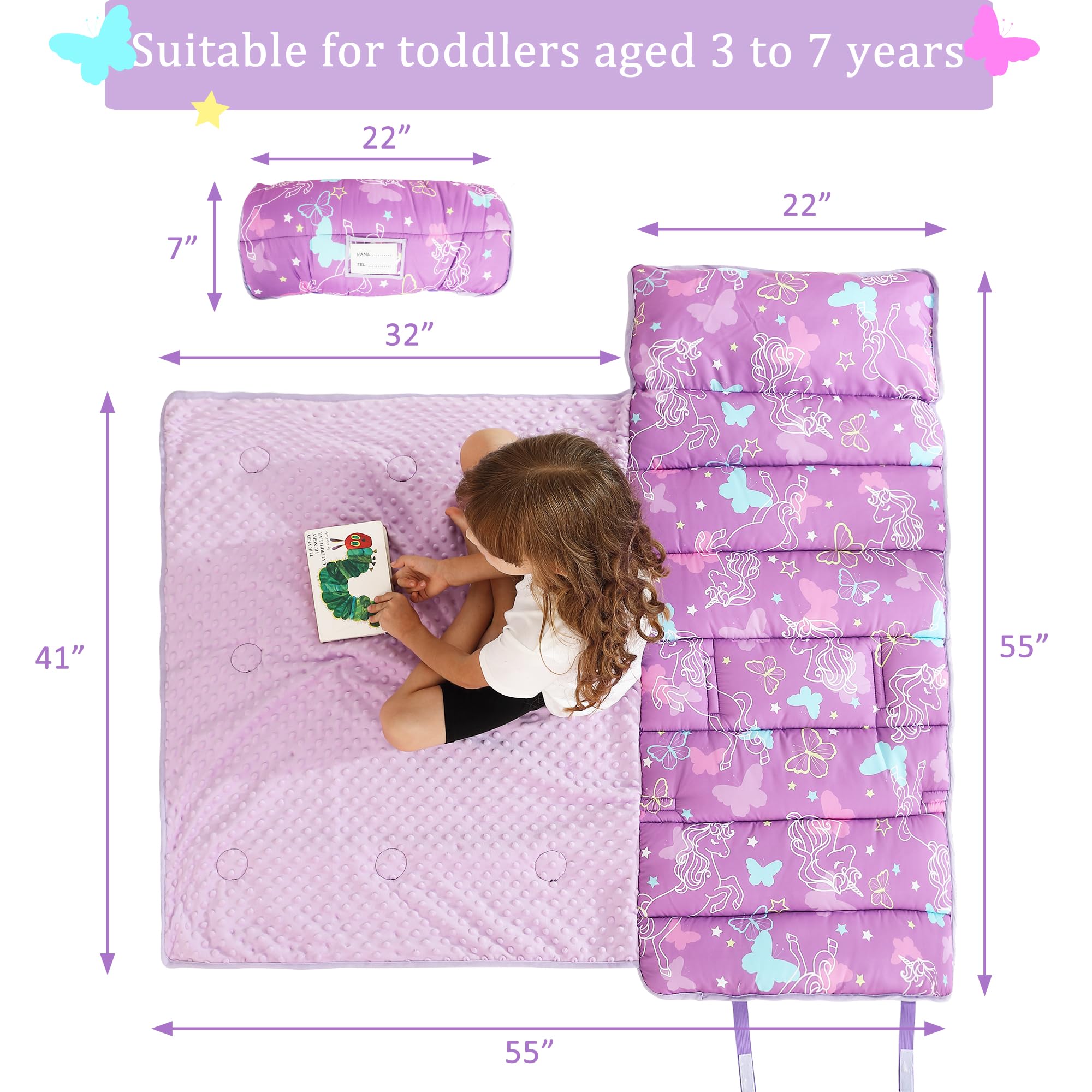 Toddler Nap Mat for Preschool 50''x30'' Sleeping Mat with Removable Pillow and Minky Blanket for Kids Ages 3-7 Roll Up Soft Sleeping Bag for Boys Girls Kindergarten Daycare Sleepover - Purple Unicorn