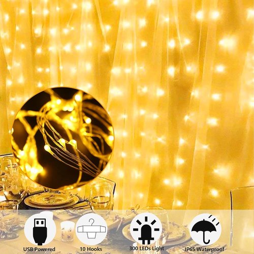HOME LIGHTING 300 LED Window Curtain String Lights - 8 Lighting Modes & Remote Control | USB Powered Warm White Fairy Lights for Christmas & Weddings