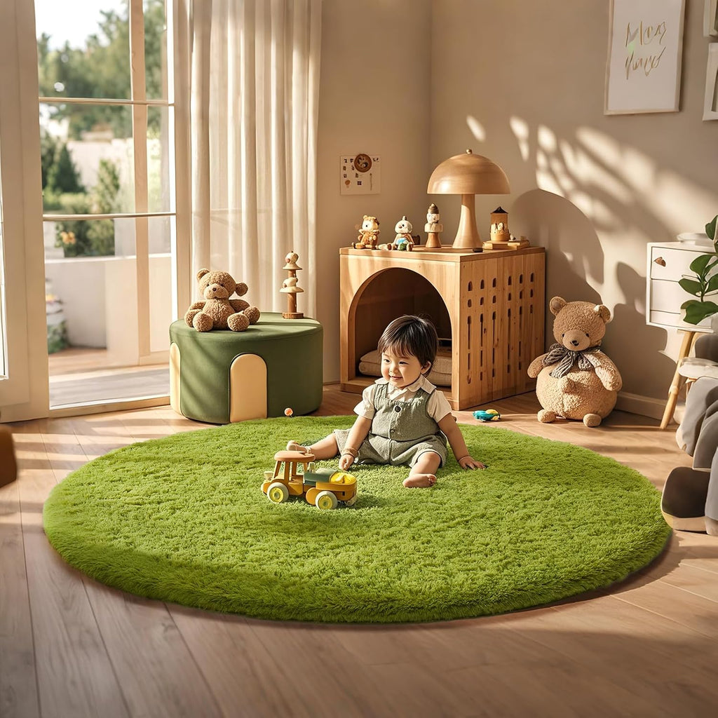 Ophanie Round Rug - 6Ft Green Circle Area Rug | Plush Soft Shaggy Carpet for Kids' Room Decor