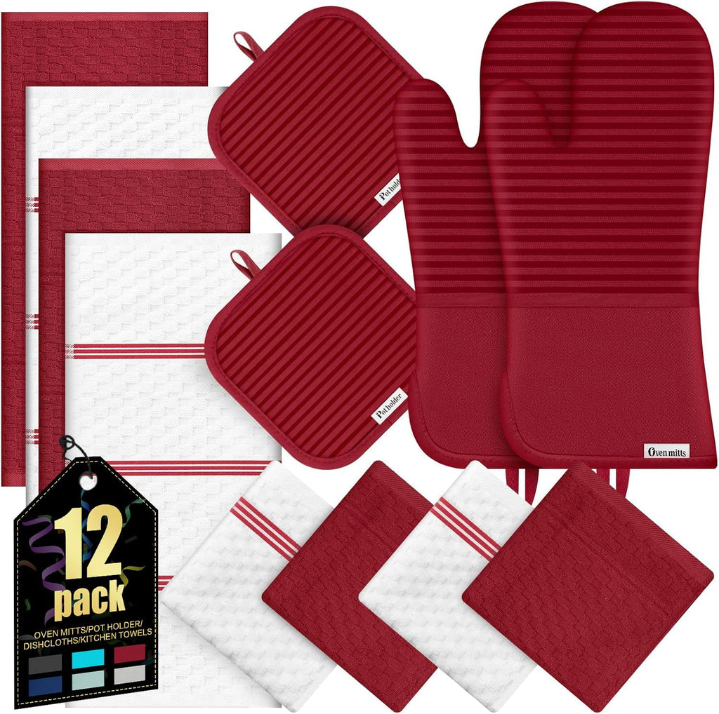 Skiennix Oven Mitts Set - 500°F Heat Resistant Gloves & Potholders with Silicone Grip | Red