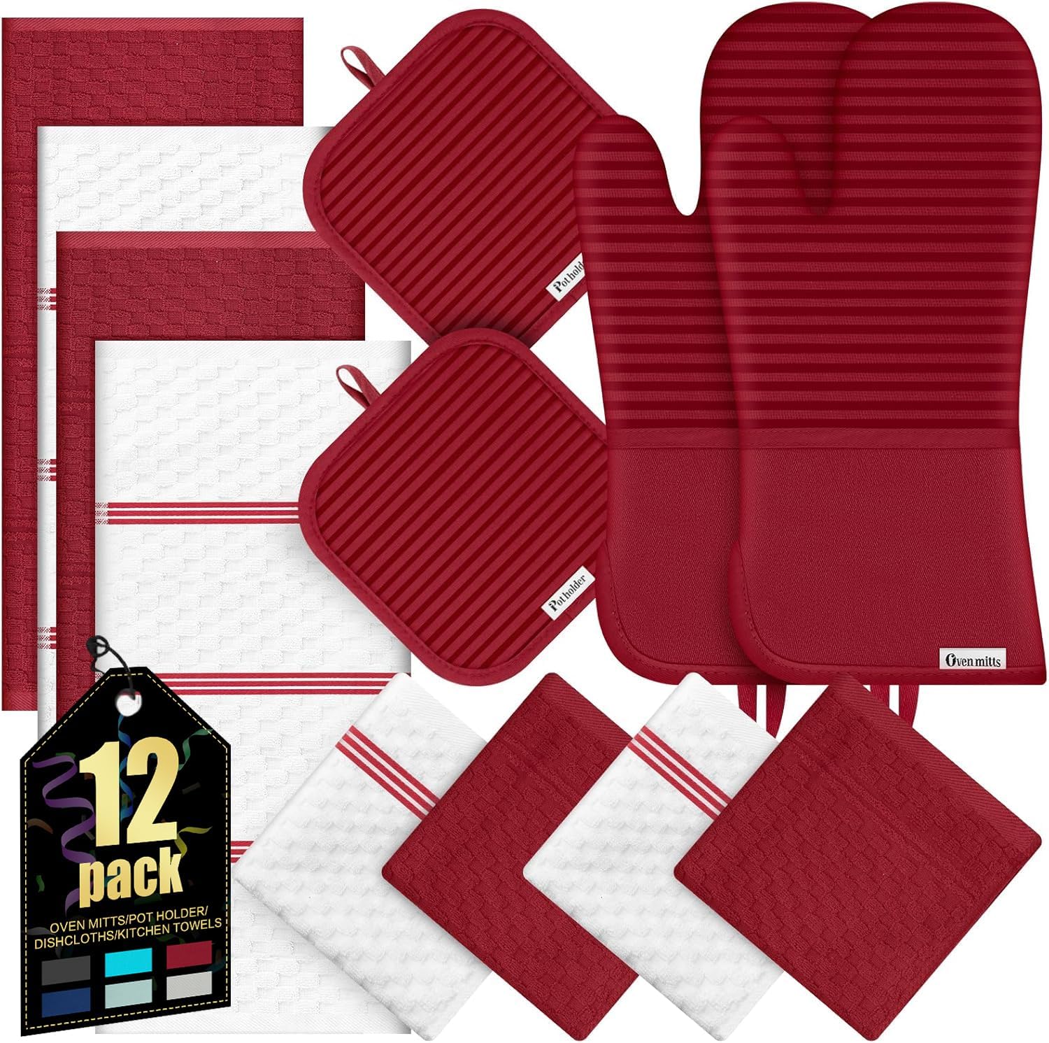 Skiennix Oven Mitts Set - 500°F Heat Resistant Gloves & Potholders with Silicone Grip | Red