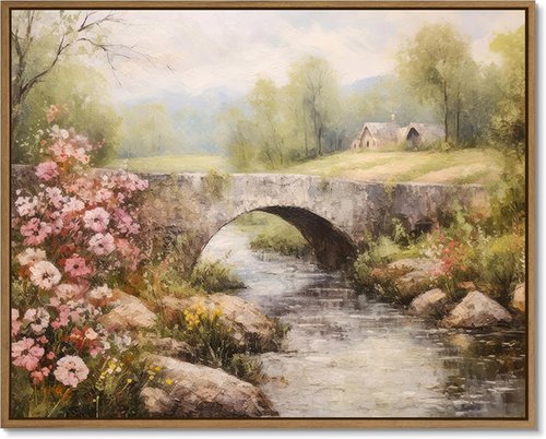 Gardenia Art Framed Wall Art - Country Landscape Canvas Print of Mountain Bridge & River | Spring Scene Decor for Farmhouse Bedroom