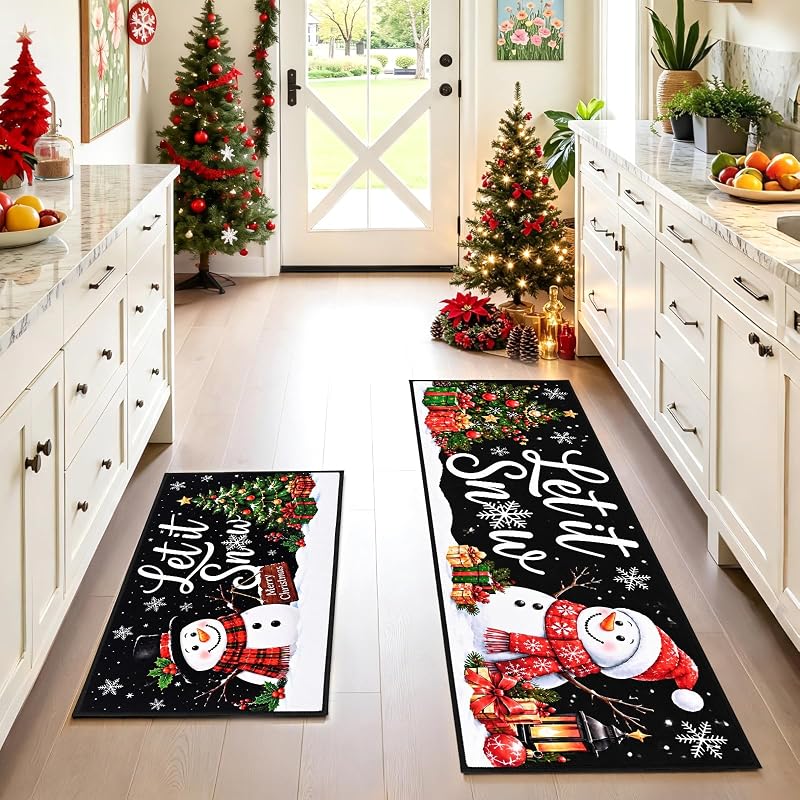 Let It Snow Christmas Kitchen Rugs Set of 2 – 17x30 & 17x47 Runner with Non Slip Backing, Snowman Crystal Velvet