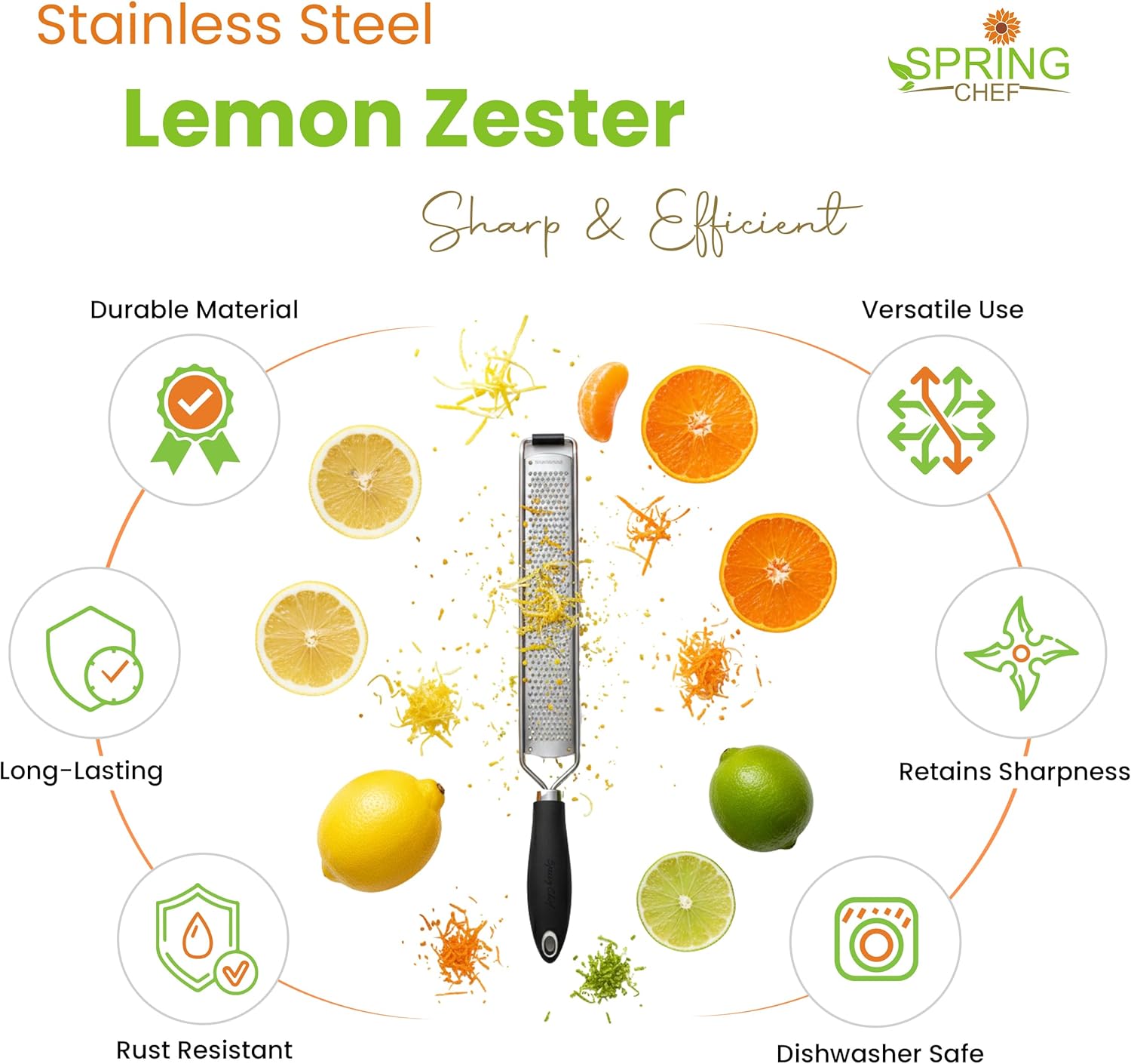Spring Chef Stainless Steel Lemon Zester Grater - Heavy-Duty Kitchen Tool for Citrus, Cheese & More - Black