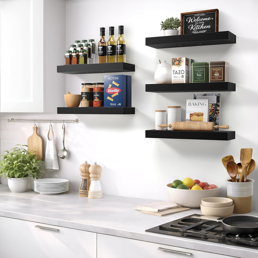 Sorbus Floating Shelves - 16-Inch Wall-Mounted Shelves for Kitchen, Bedroom & Bathroom | Black, 2 Pack