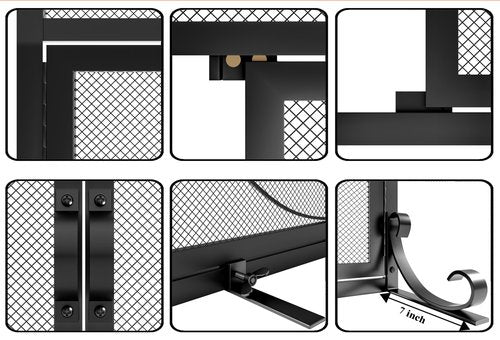Fire Beauty Fireplace Screen with Magnetic Doors,Handcrafted Wrought Iron Classical Scroll Durable Metal Mesh, Decorative Free Standing Fireplace Spark Guard- Black