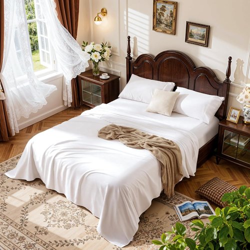 LBRO2M 100% Cotton Queen Size Sheet Set - 4 Pieces, Long Staple, 16-Inch Deep Pocket, Soft & Breathable - White