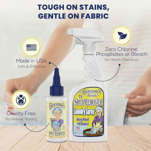 Grandma's Secret Spot Remover Laundry Spray - Toxin-Free Fabric Stain Remover for Oil, Paint & Blood - 16 oz & 2 oz DuoPack