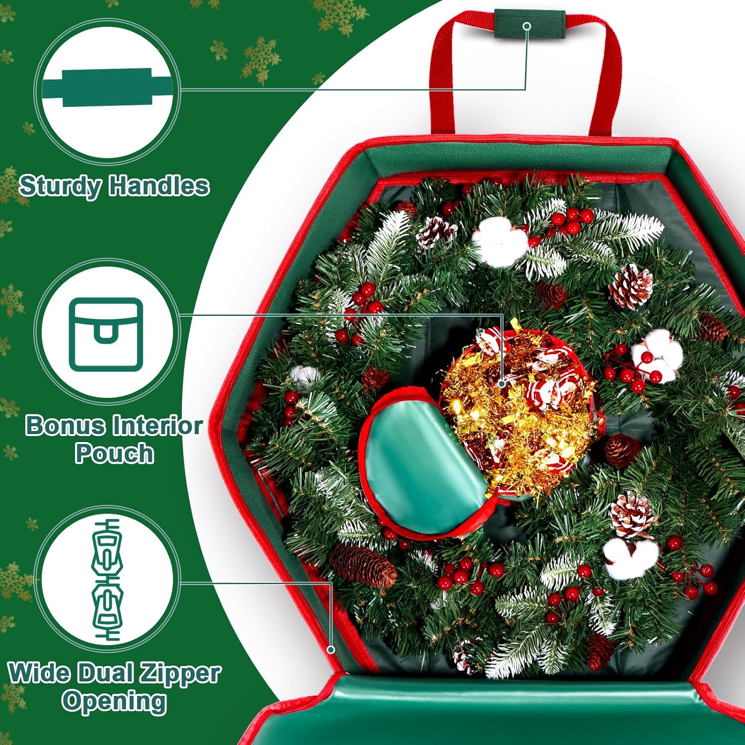 MUDEREK Christmas Wreath Storage Container - 24" Durable Hard Shell Organizer with Pockets & Dual Zipper