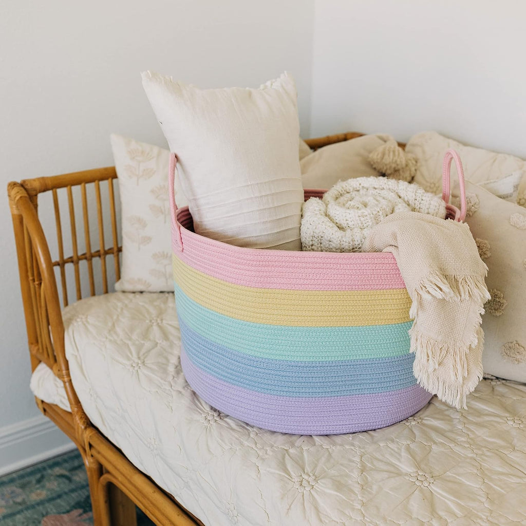 OrganiHaus Rainbow Blanket Basket - Extra Large Woven Laundry & Toy Storage Bin | 20"x13" Soft Round Design