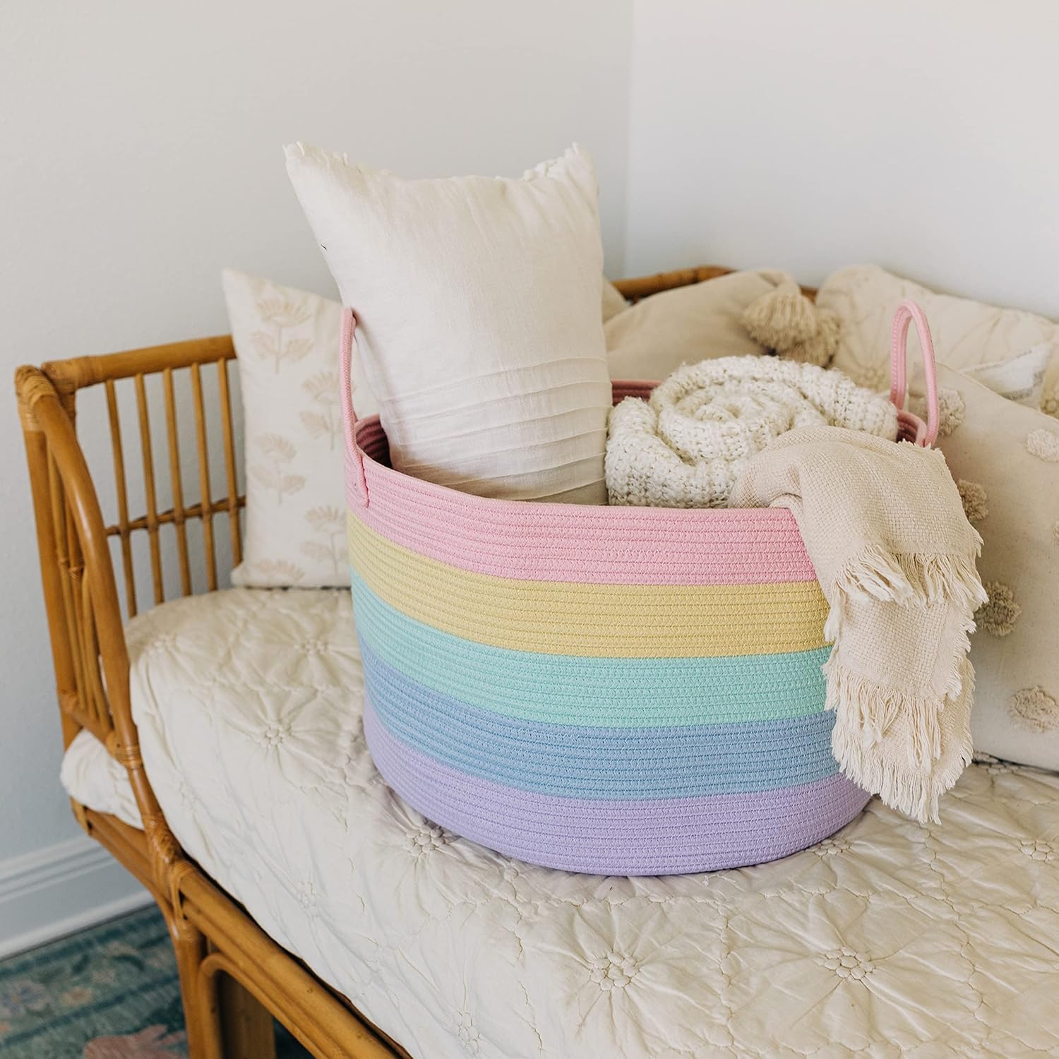 OrganiHaus Rainbow Blanket Basket - Extra Large Woven Laundry & Toy Storage Bin | 20"x13" Soft Round Design