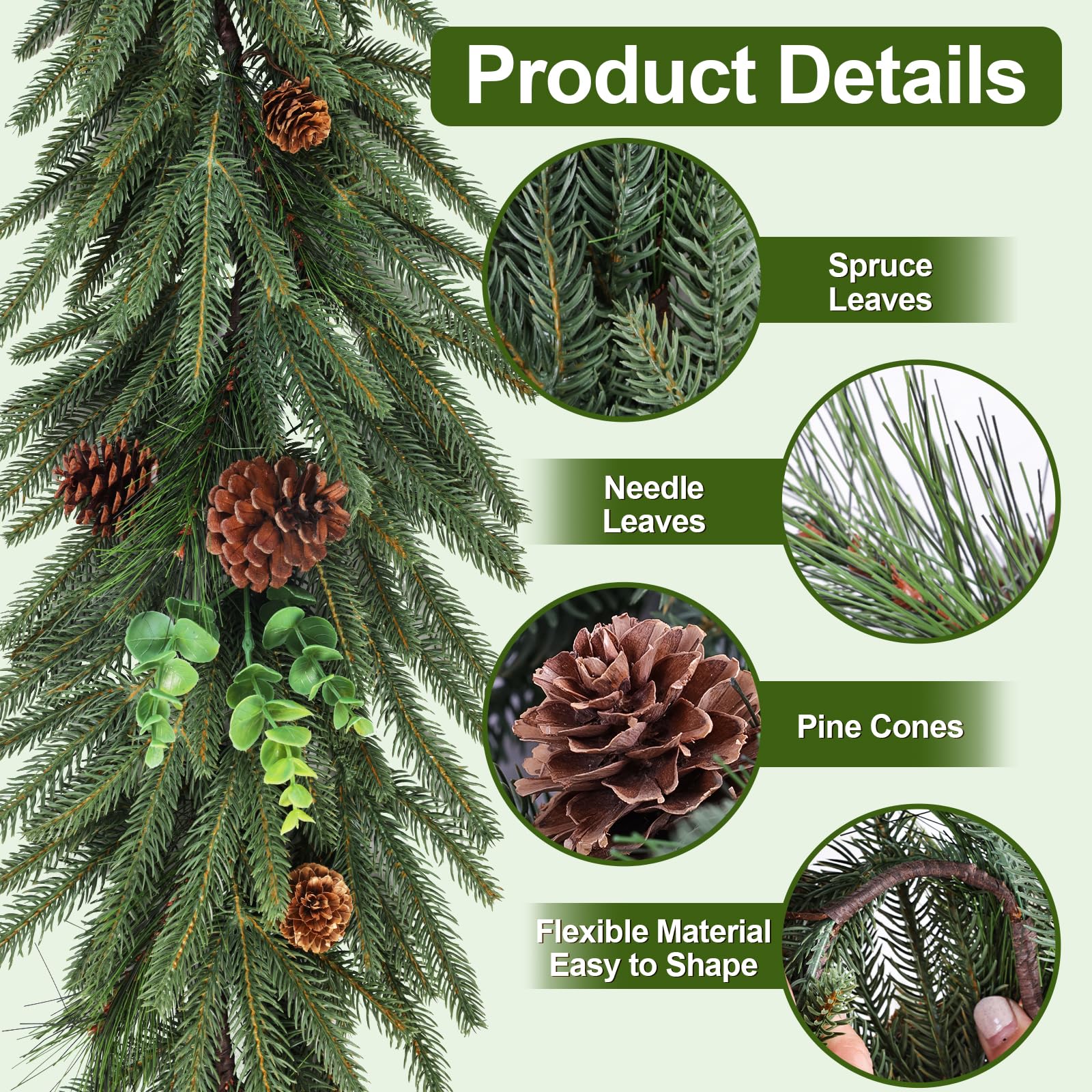 6ft Artificial Christmas Spruce Garland with Pine Cones, Lifelike Winter Greenery Needles Garland Decor for Home, Fireplace, Wall, Porch, Table, Mantle, Indoor Outdoor Decoration
