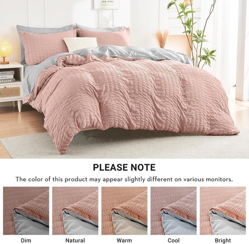 HYMOKEGE California King Comforter Set - Luxurious Rose Gold & Light Grey Seersucker | 7-Piece All-Season Bedding Set