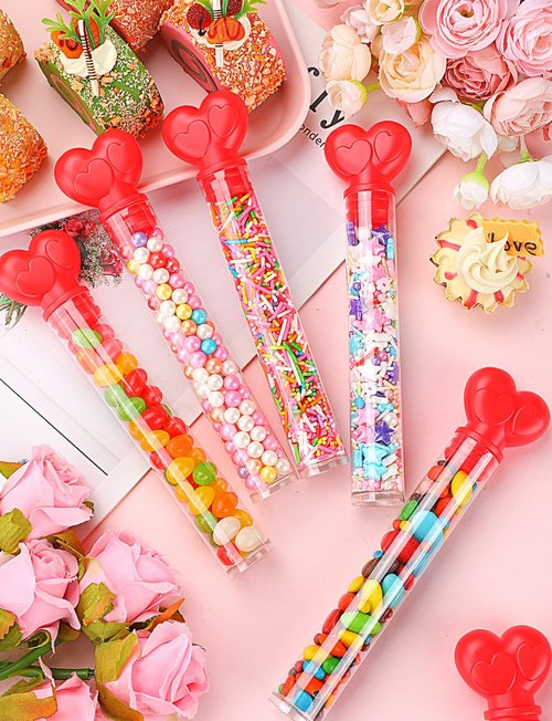 14Pcs Valentine Heart Candy Tubes, Clear Empty Candy Containers with Red Topper, Plastic Tubes for Sweets for Valentine's Day Party Supplies