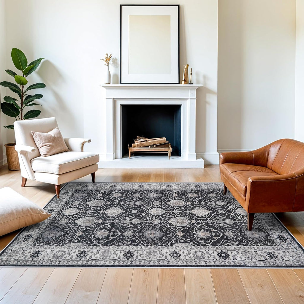 Skiennix 5x7 Living Room Area Rug - Washable Non-Slip Stain Resistant Vintage Soft Carpet | Black