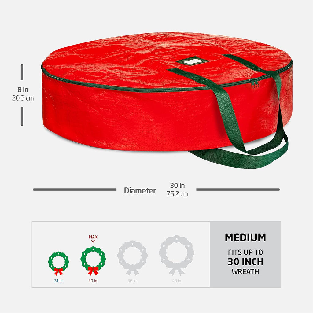 ZOBER Christmas Wreath Storage Container - 30 Inch Dual Zippered Bag with Durable Handles - Red