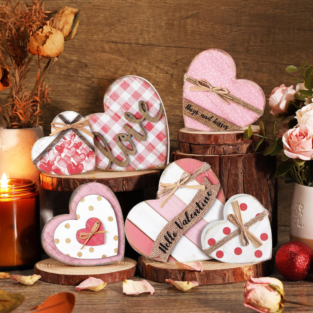 Wonderjune 6 Pcs Valentine‘s Day Decorations Rustic Heart Shaped Wooden Sign Farmhouse Love Wood Block Table Centerpiece Valentines Tiered Tray Decor for Valentines Day Wedding Home(Cute Style)
