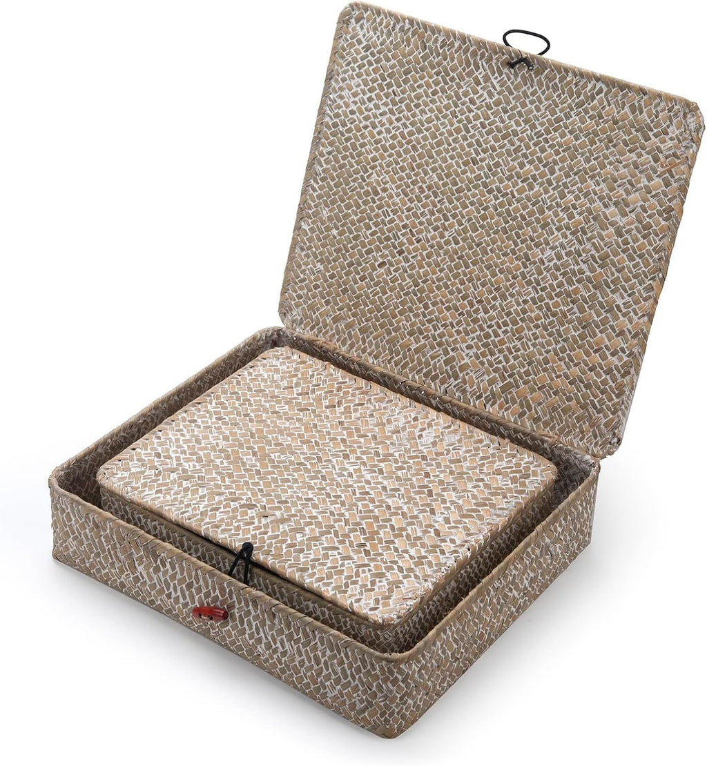 Seagrass Storage Baskets - Decorative Wicker Baskets with Lid for Organizing | Whitewash Finish