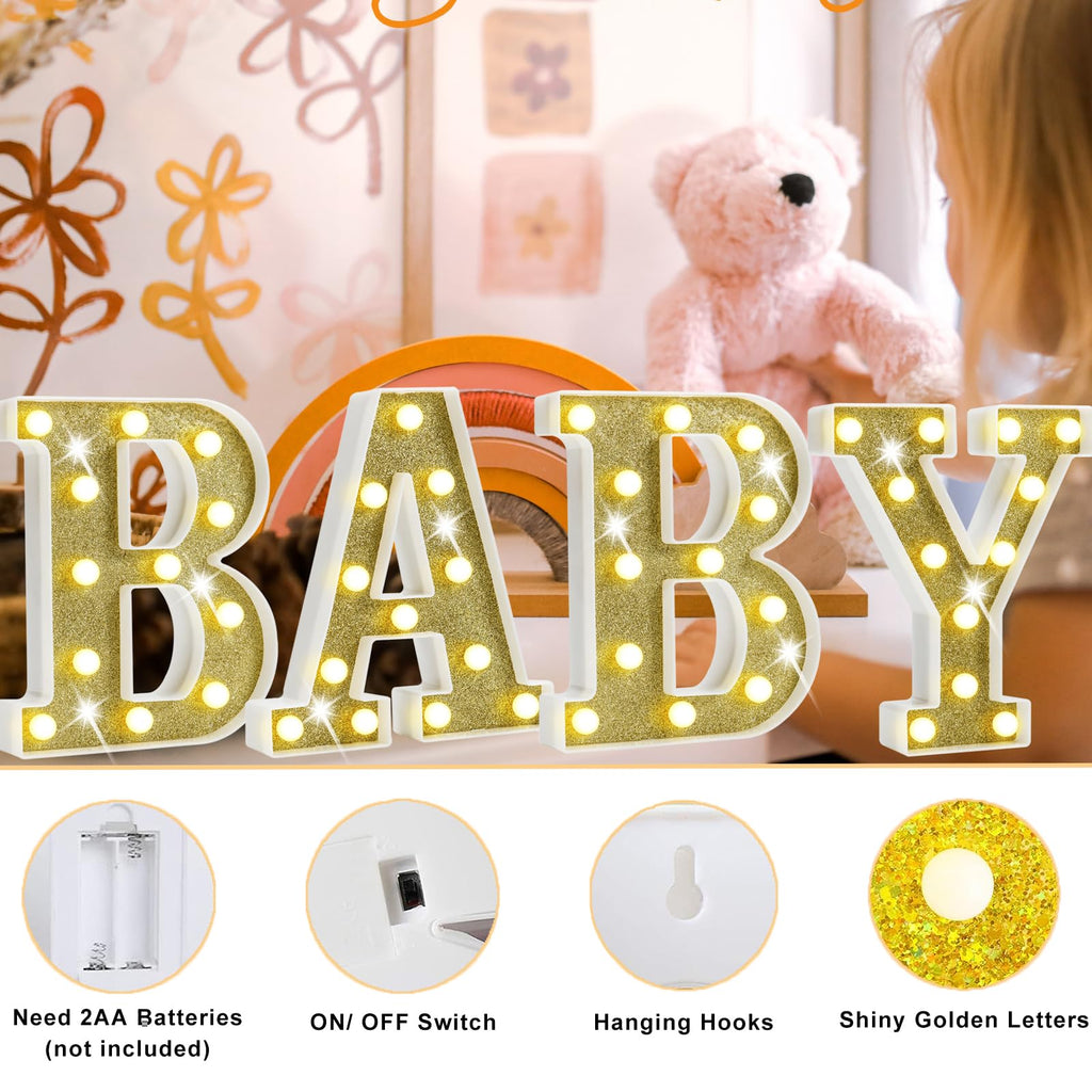 Pooqla BABY Marquee Light Up Letter Set, Gold Glitter Glowing Letters for Baby Shower Girl Boy Birthday Party Backdrop, LED Light Up Letter for Gender Reveal Home Bedroom Nursery Table Wall Decor