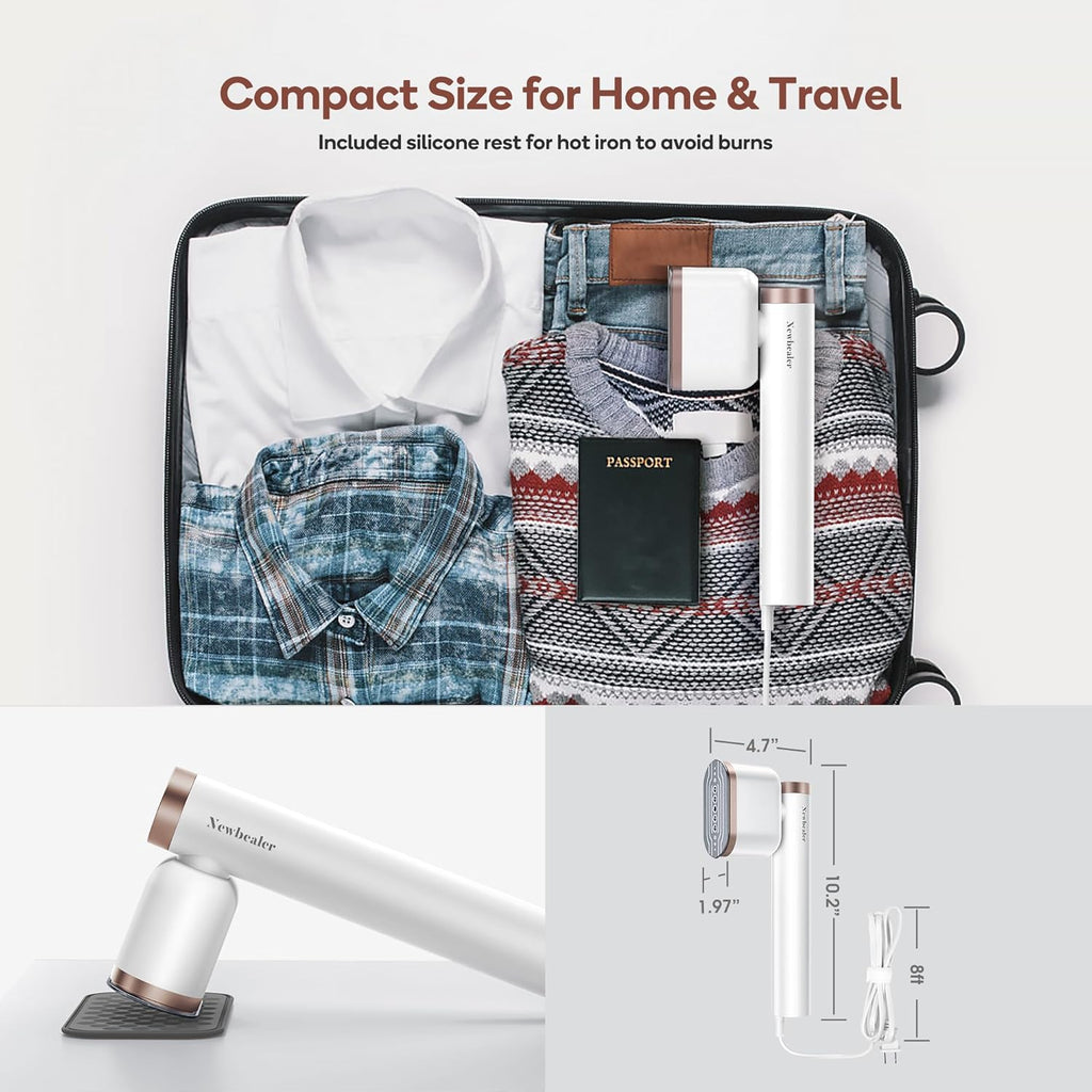 Newbealer Portable Clothes Steamer - 1200W Fast Heat-Up, 2 Steam Levels, Vertical & Horizontal Use, 302°F Wrinkle Remover