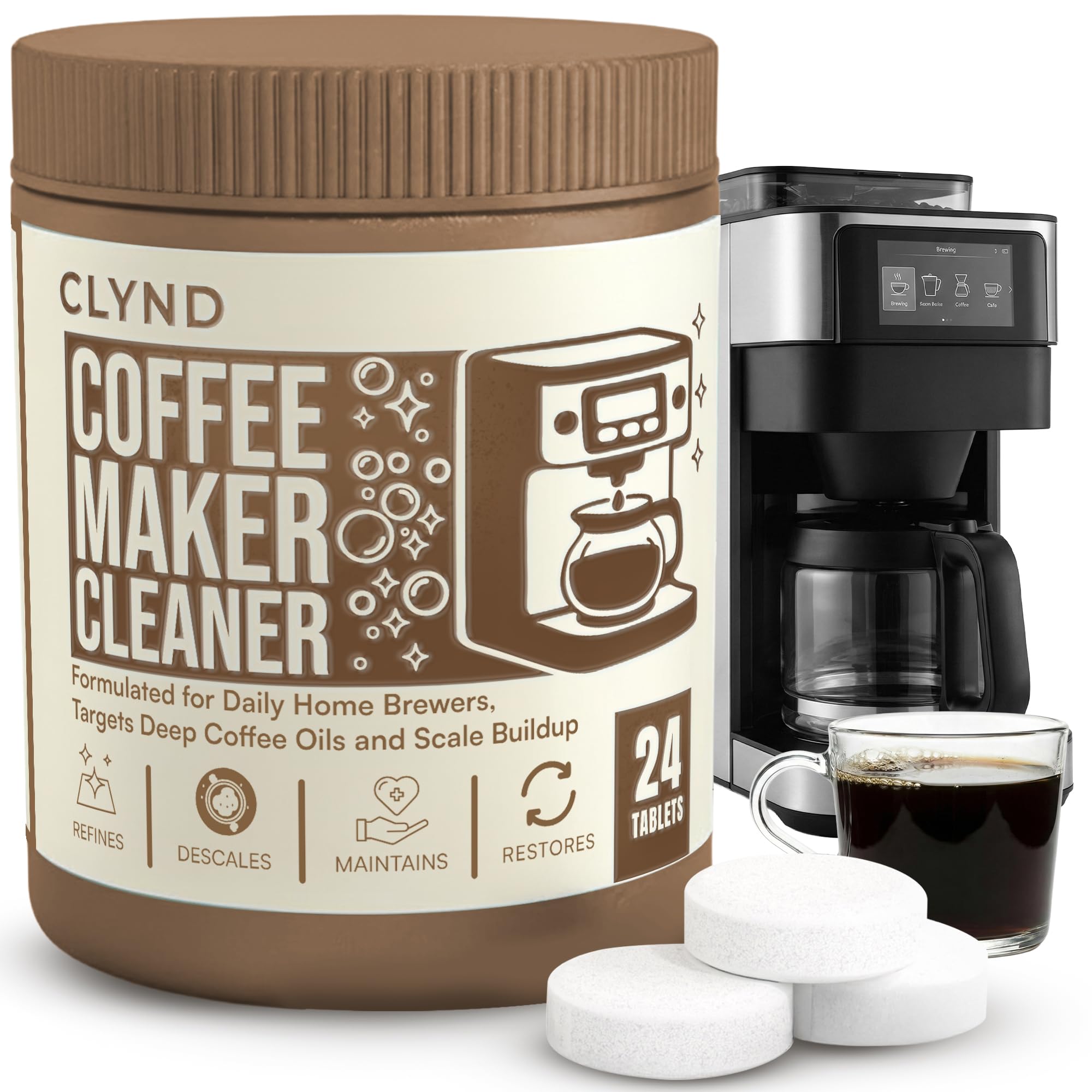 CLYND Coffee Maker Cleaner and Descaler Tablets 24-Pack, Residue-free, Compatible with Nespresso, Ninja, Multi-cup, Single-serve, Delonghi, Espresso Machine, Keurig, Coffee Pot Cleaner Cleaning Tabs