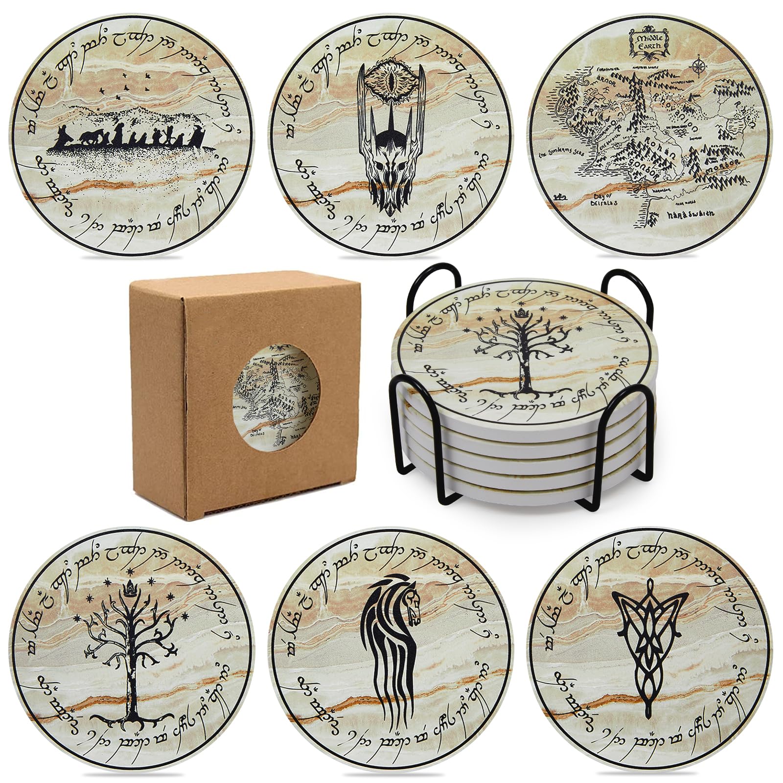 Rings Absorbent Coasters for Drinks,Coasters for Home Decor,6Pcs Rings Stone and Cork Coaster Set with Holder for Coffee Table，Merchandise Gift for Women Men Fans