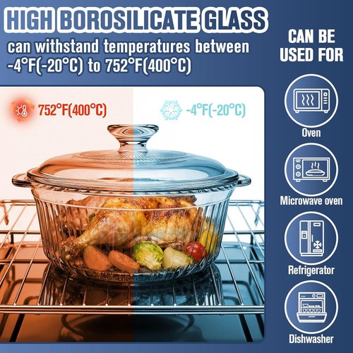 Glass Baking Dishes - 2 Pack Round Casserole Dishes with Lids | Oven Safe, Clear Glass, 1.7Qt & 2.5Qt