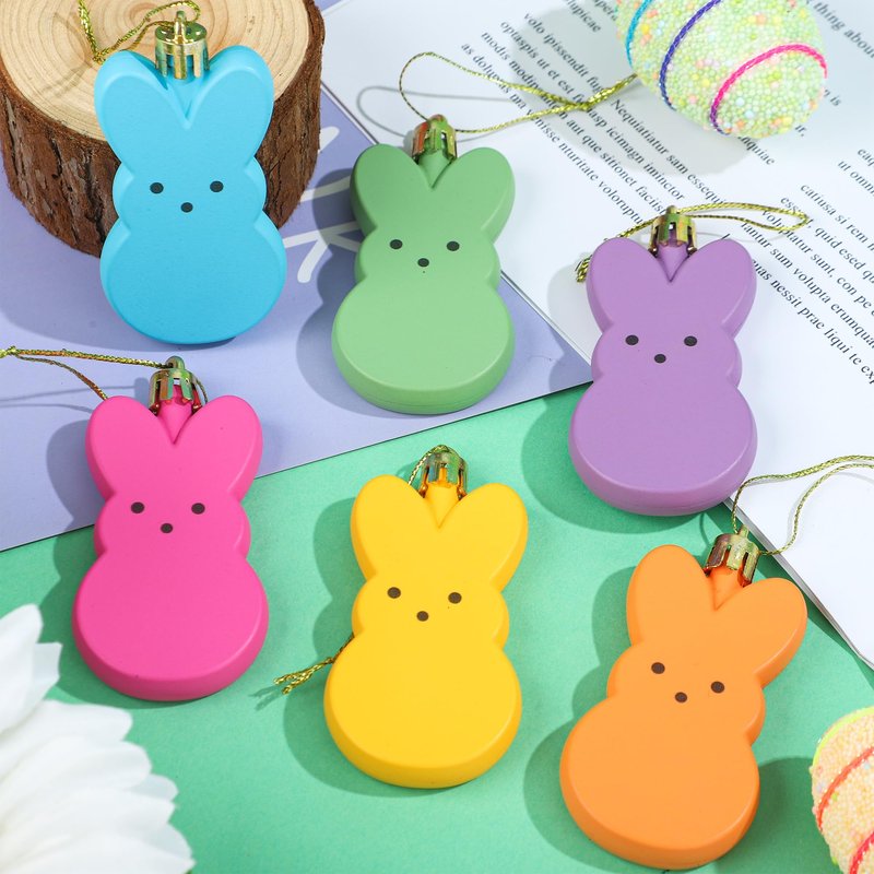24 PCS Bunny Hanging Ornaments Colorful Peeps Bunny for Tree Decorations Easter Rabbit Plastic Hanging Ornaments Easter Tree Hanging Decoration for Home Holiday Party Decor