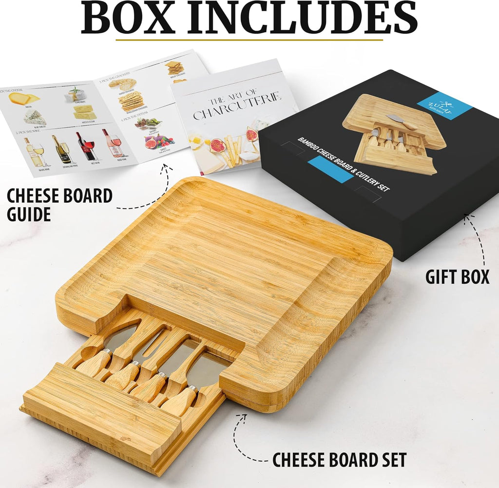 Zulay Kitchen Bamboo Cheese Board Set - Extra Thick Charcuterie Board with 4 Knives | Ideal for Wine & Cheese Gifts