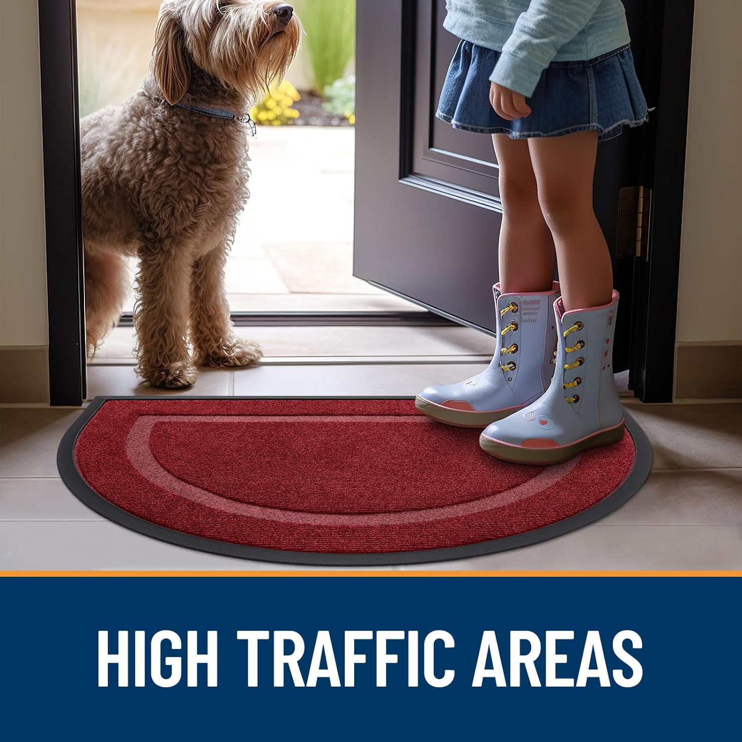 OLANLY Half Circle Door Mat - Waterproof All-Season Welcome Mat | Sturdy Natural Rubber, 33x21, Win Red