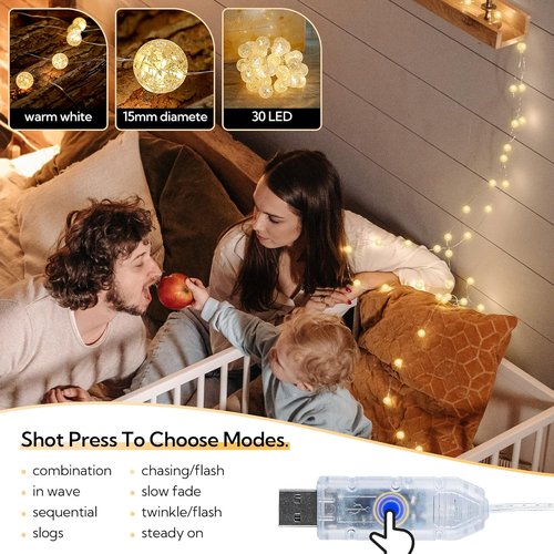 Globe String Lights - 10FT 30 LED Decorative Fairy Lights | 8 Modes Crystal Crackle Balls for Indoor & Outdoor Use