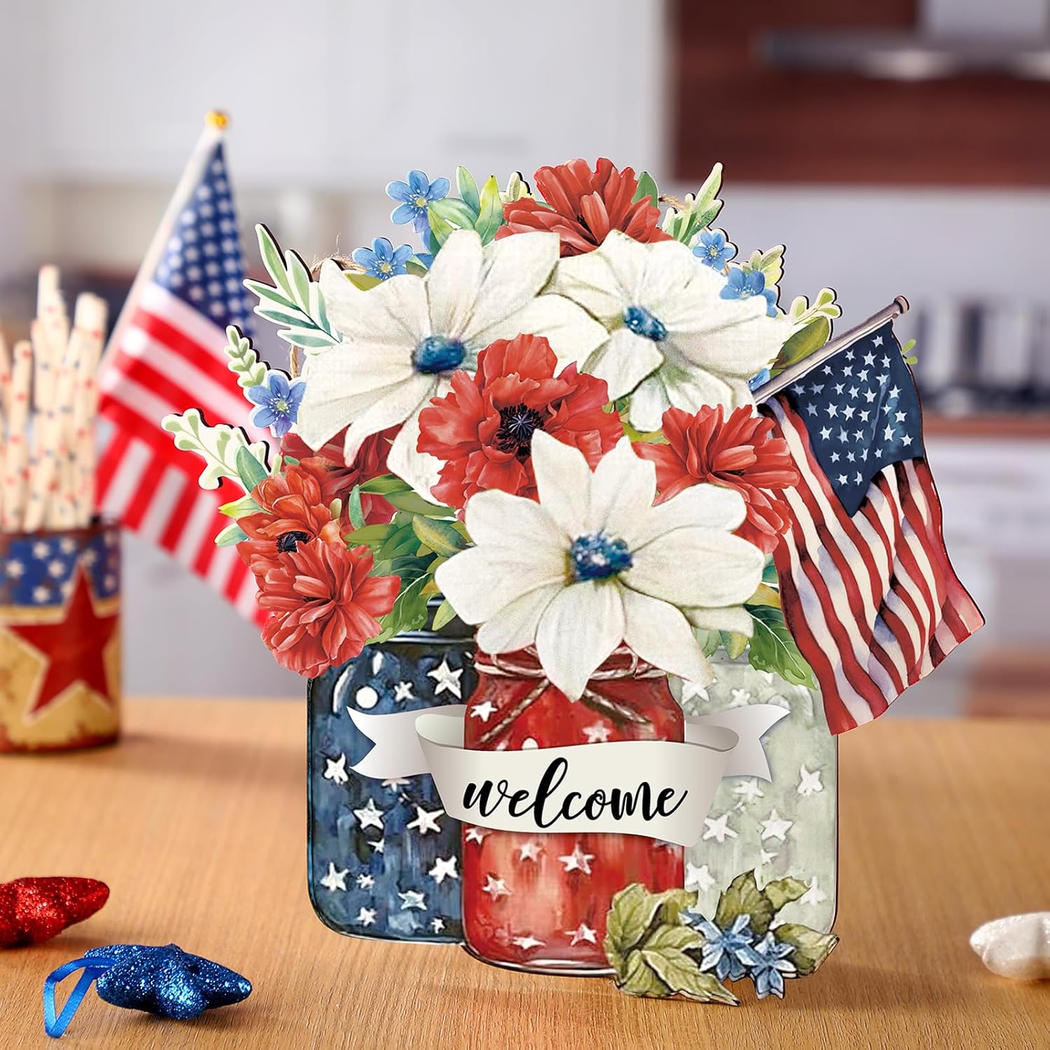 Spiareal Patriotic Wooden Door Decoration - 4th of July Welcome Sign in Red, White & Blue