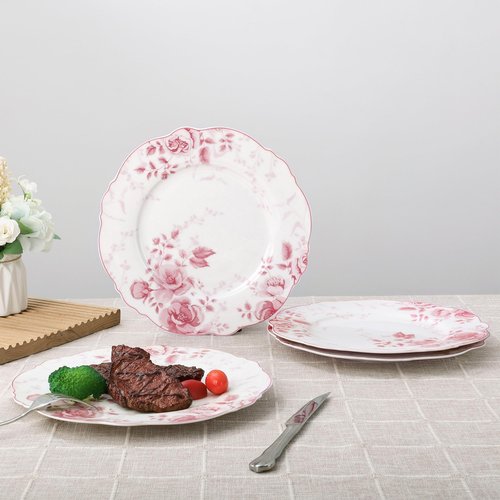 fanquare Pink Floral Dinner Plate Sets of 4, 10.5 Inch Large Round Porcelain Pasta Appetizer Steak Serving Dishes for Microwave & Dishwasher Safe