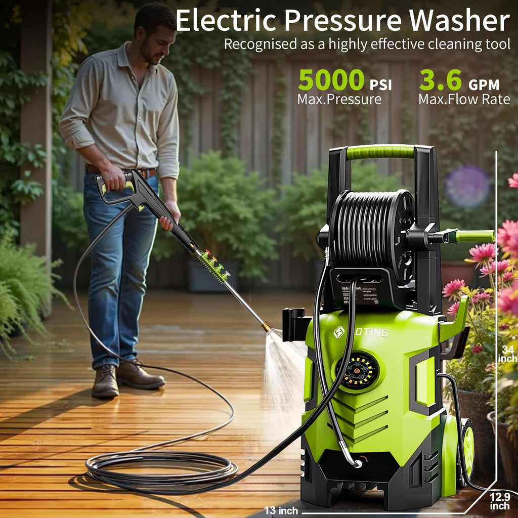 Skiennix Pressure Washer 5000 PSI - Adjustable 8-Level Touch Screen, 34" Tall, 4 Nozzles & Foam Cannon