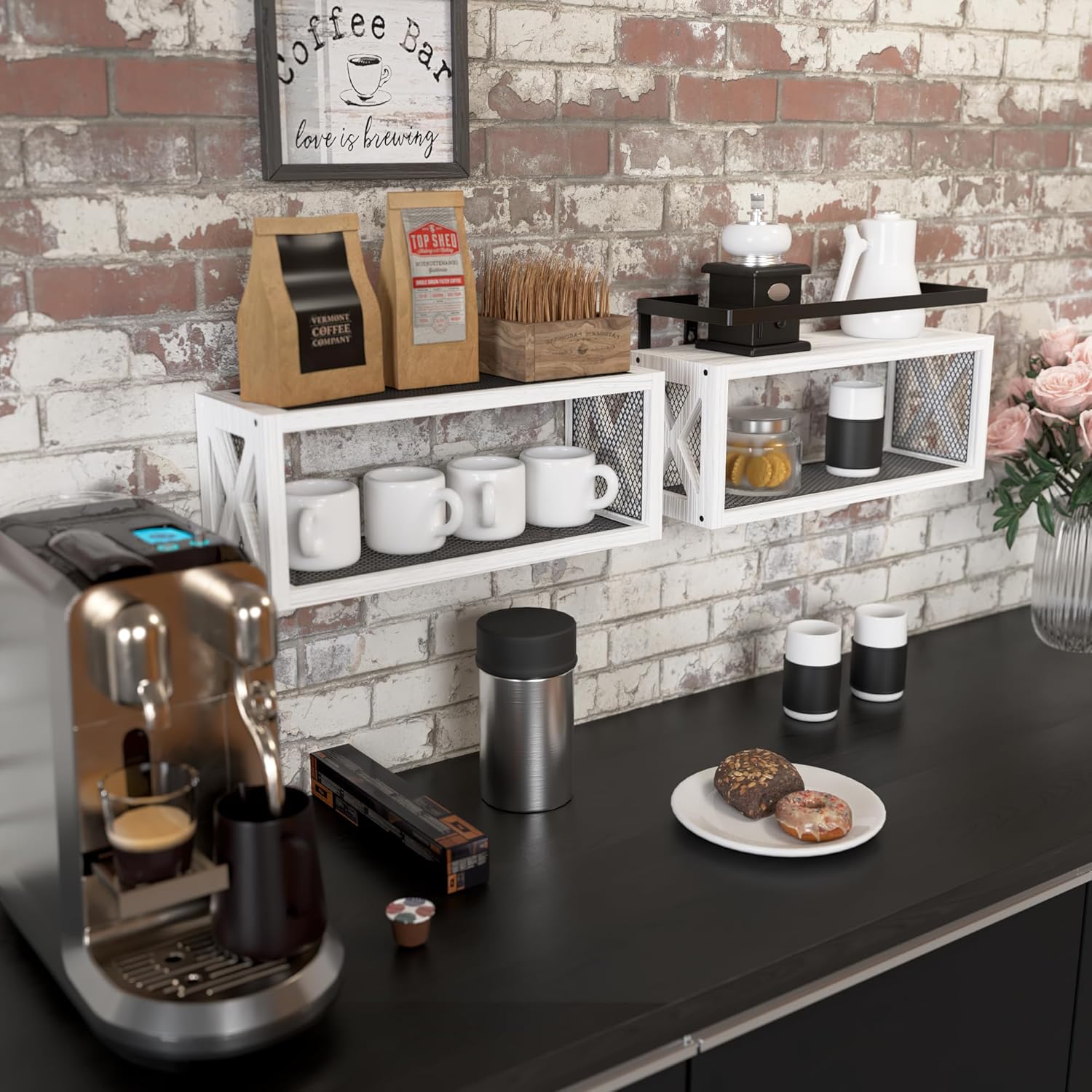 RICHER HOUSE Floating Shelves - Rustic Wood Wall Décor with Guardrail for Bathroom & Kitchen - White