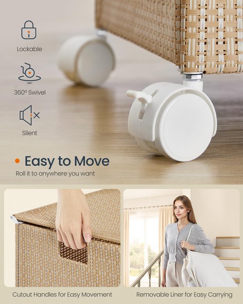 SONGMICS HOME Laundry Hamper with 3 Section, Large 140 L Rolling Laundry Basket with Wheels, Rattan Clothes Basket with Lid, Removable Liner with Handles, Natural Beige and Matte White ULCB602N01