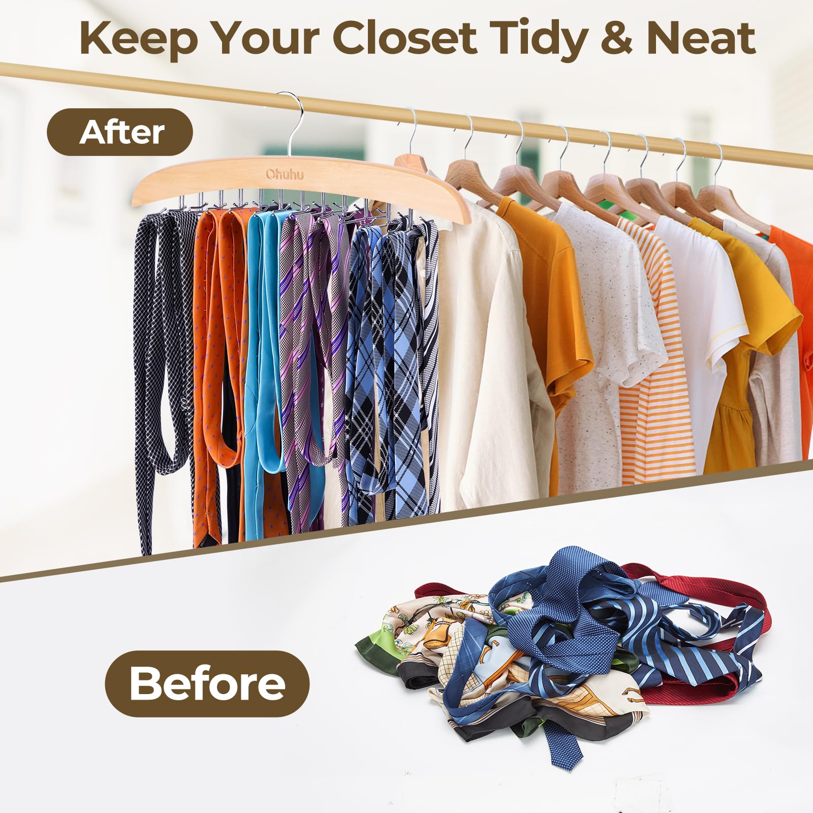Ohuhu 24-Hook Wooden Tie Rack Organizer - Space Saving Closet Hanger with 360° Rotating Hooks, Anti-Slip Clips for Ties, Belts, Scarves - Premium Hardwood & Rustproof Steel Construction