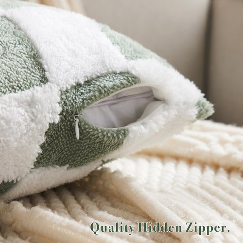 Ohocut Checkered Jacquard Shag Throw Pillow Covers, Pack of 2 Fluffy Sage Green Cute Decorative Aesthetic Soft Checerked Throw Pillow Cases for Couch Sofa Bedroom,18x18 Inch