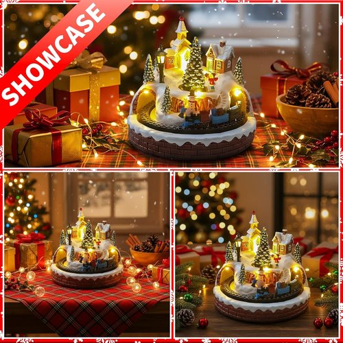 Christmas Village Decoration - Spinning Train & Tree, Musical Collectible with LED Lights | 8 Songs, Timer Function, Dual Power